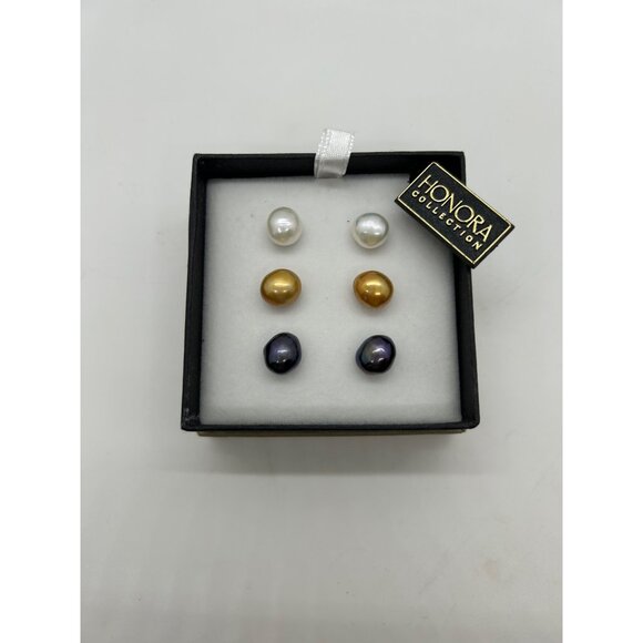 Honora Collection Freshwater Potato Pearl Stud Earrings Set in White Gold Black - Picture 2 of 16